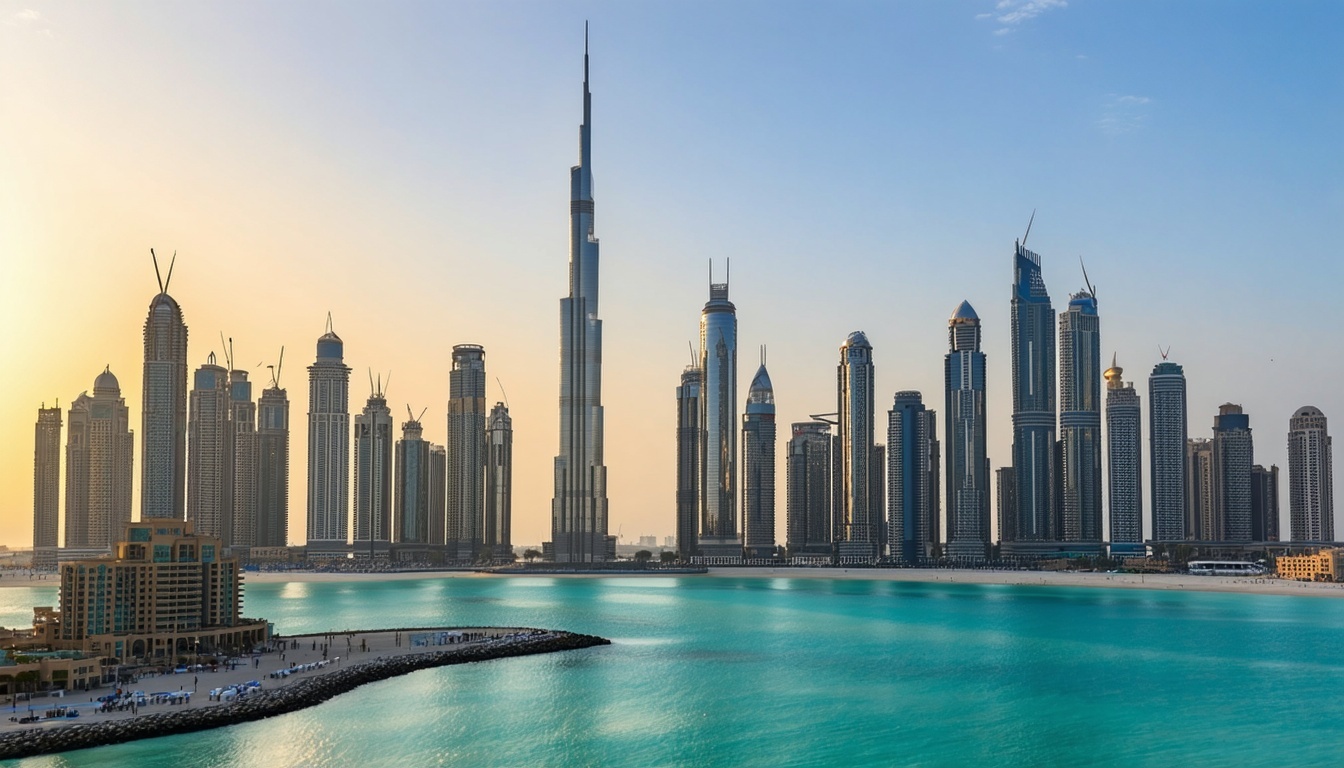 Dubai skyline with Burj Khalifa at sunset
