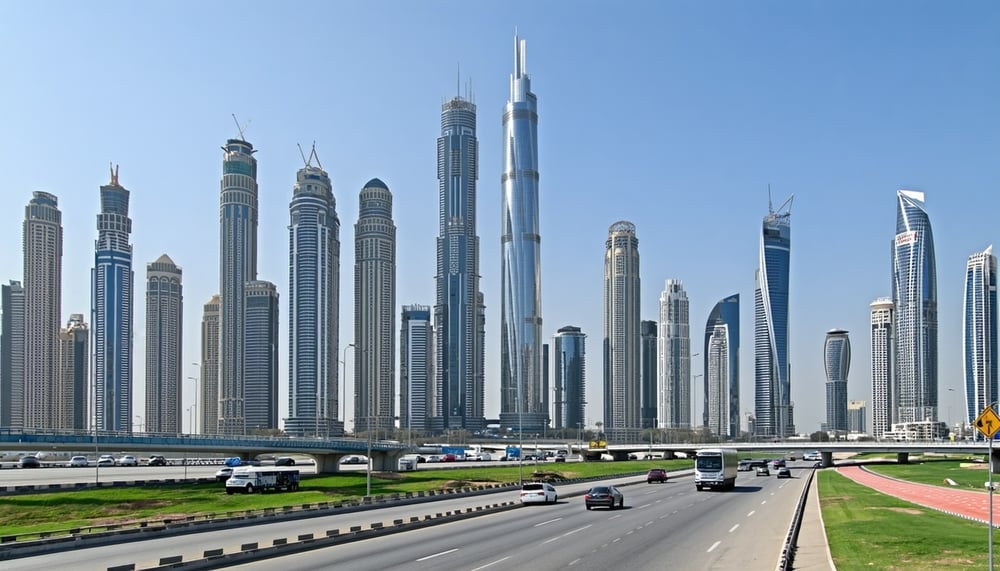 Dubai skyline with iconic landmarks and modern transportation Dubai skyline with iconic landmarks and modern transportation